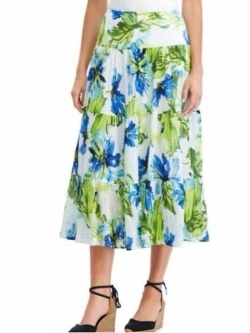 Chaps Petite Floral Tiered Midi Skirt Size PM Feminine Boho Cottagecore